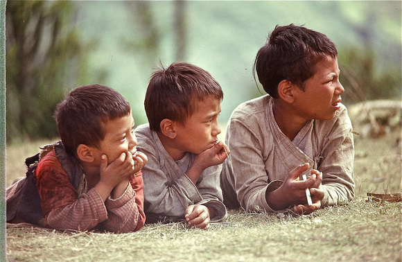 Kids watching us put up our tents Nepal 1979