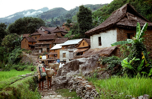 Walking through a village.