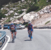 With Mark biking up Passo Gau, Dolomites 2004