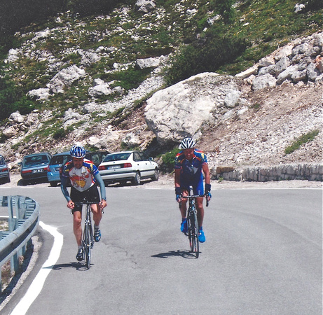 With Mark biking up Passo Gau, Dolomites 2004