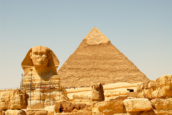 Great Sphinx of Giza against the Pyramid of Khafre