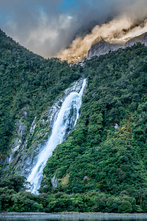 Dusk in Milford Sound waterfall