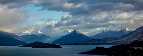 Early morning Lake Wakatipu with Mount Aspiring National Park in the distance