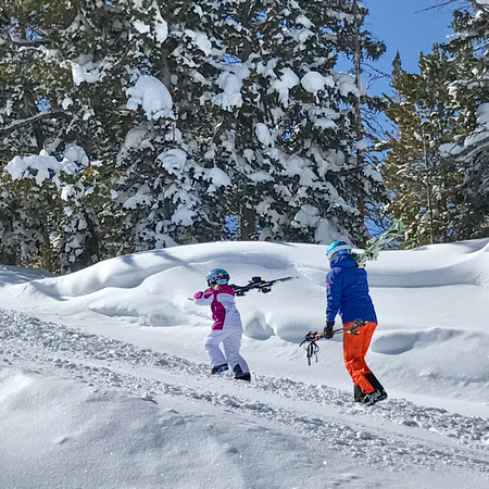 Ana and Kristina hiking to find more powder. Feb. 2017
